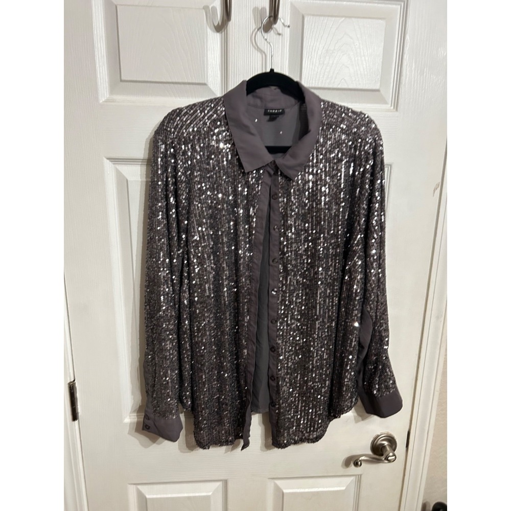 Torrid Size 2 Madison Sequins‎ Button Front Shirt Long Sleeve Blouse Purple - Picture 2 of 15